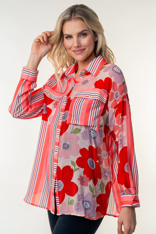White Birch Long Sleeve Color Block Woven Top - Curvy Size