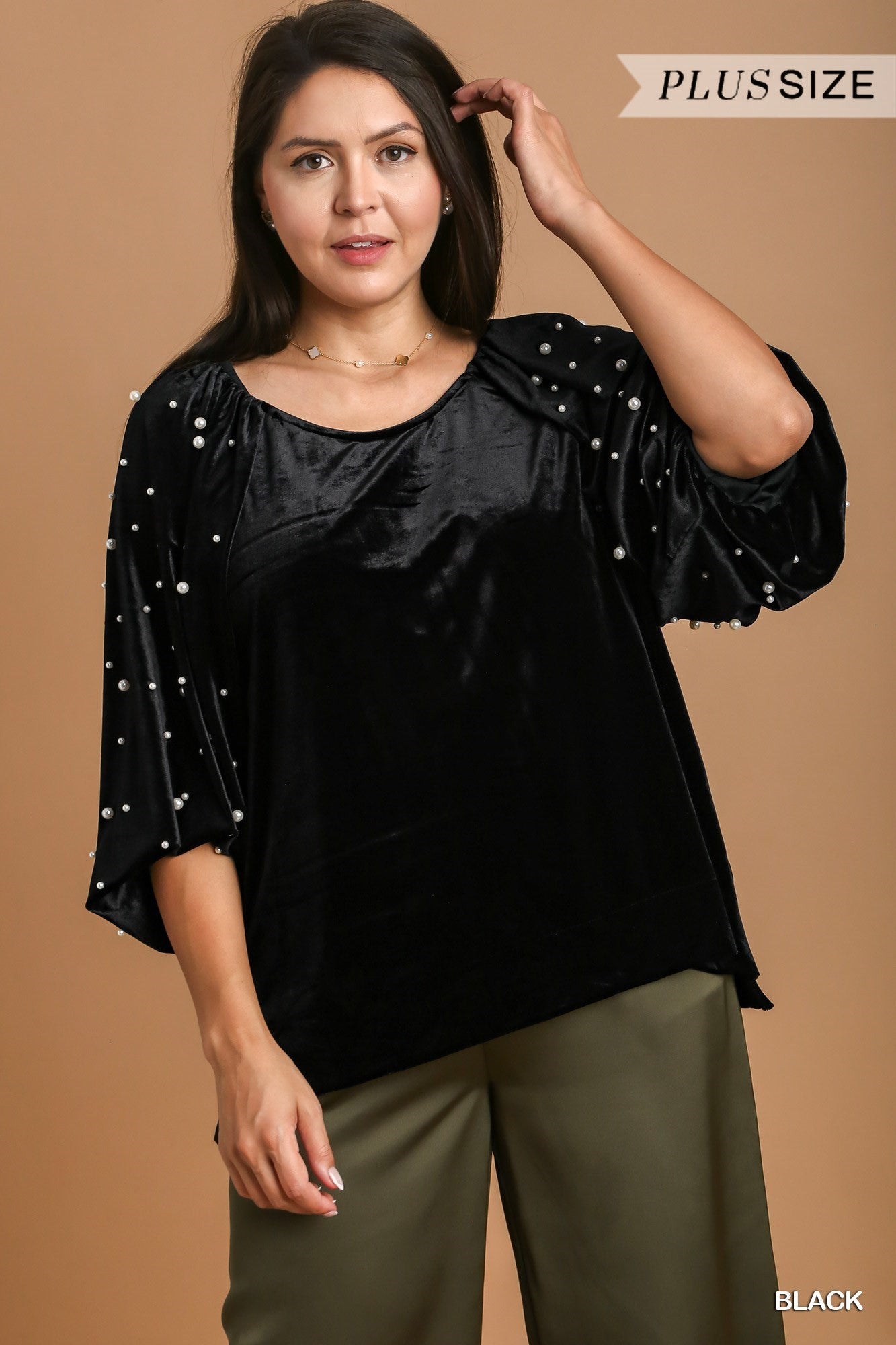 Boxy Cut Velvet Top 3/4 Pearl Puff Sleeves - Curvy Size - Blush & Cactus
