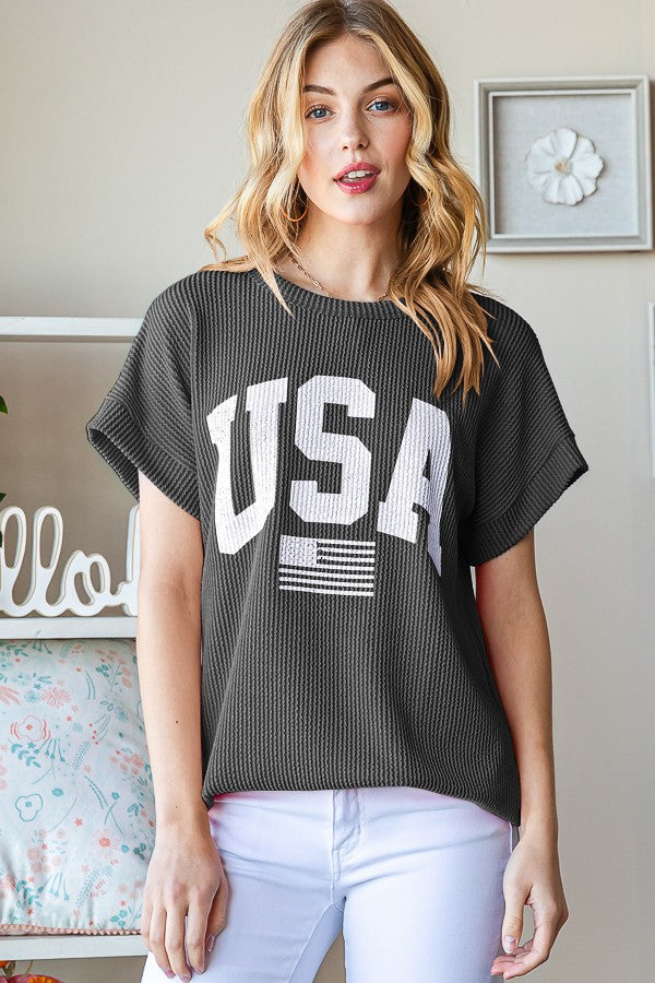 Solid Ribbed Lettering Top "USA" - Curvy Size