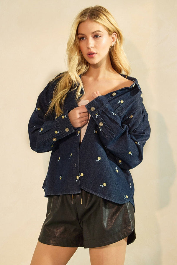 Embroidered Flower Denim Long Sleeve Cropped Shirt - Blush & Cactus
