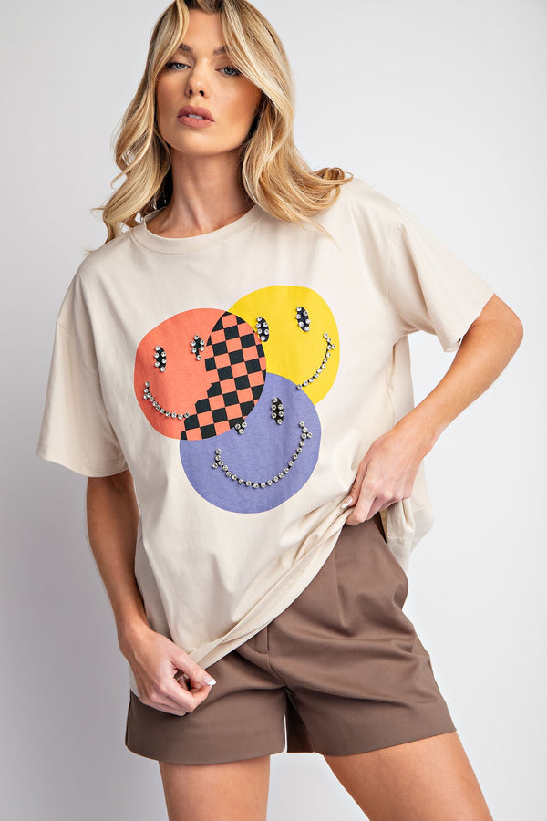 Bedazzled Smiley Face Cotton Jersey Knit Top
