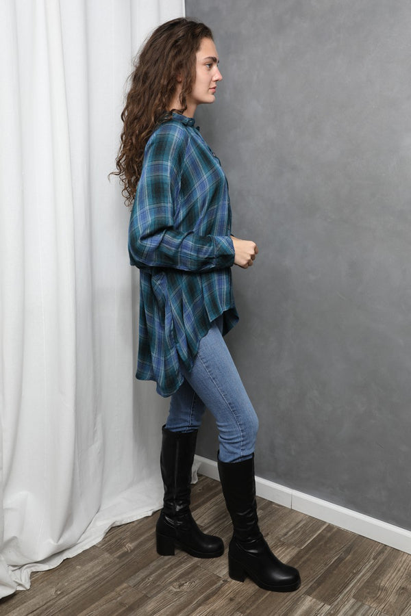 Angie Plaid Hi Lo Hem Button Front Oversize Shirt