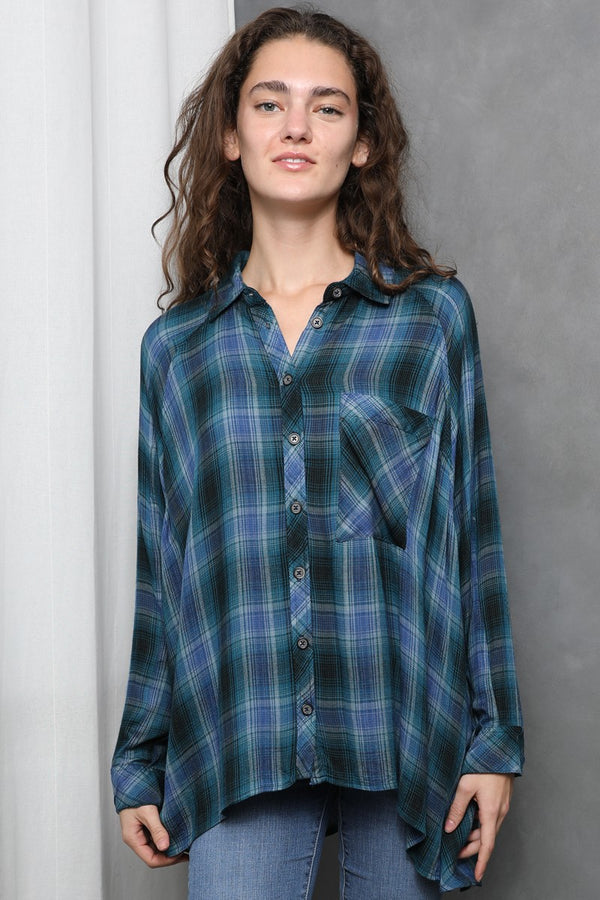 Angie Plaid Hi Lo Hem Button Front Oversize Shirt
