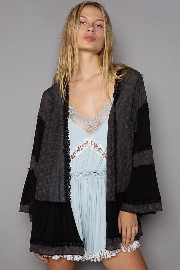 POL Lace Long Flare Sleeve Embroidered Open Cardigan  - 2 Colors