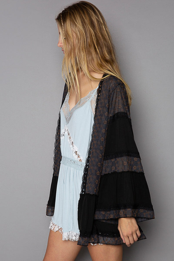 POL Lace Long Flare Sleeve Embroidered Open Cardigan  - 2 Colors