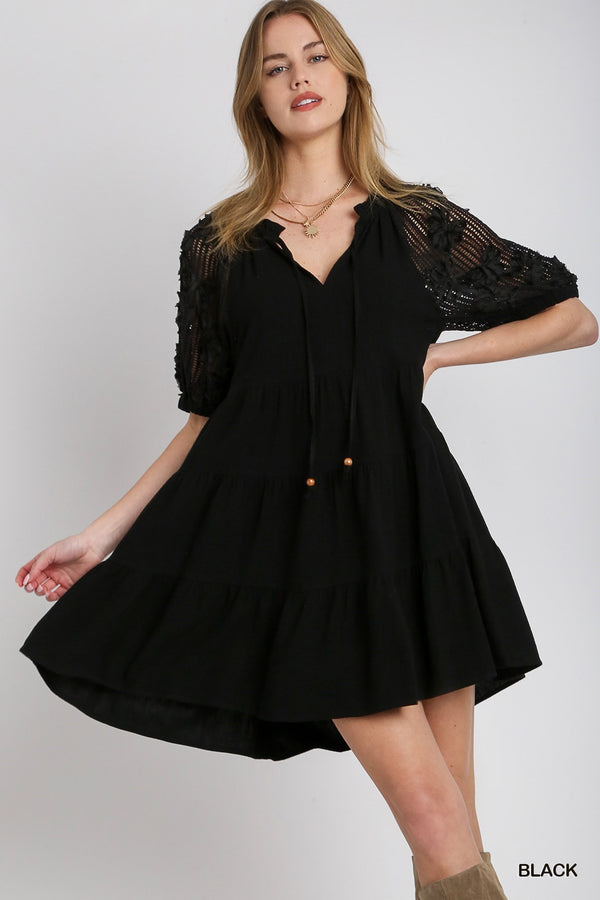 Umgee Linen Tiered Dress With V-neck Ruffle Split Neck L Umgee Linen Tiered Dress With V-neck Ruffle Split Neck L