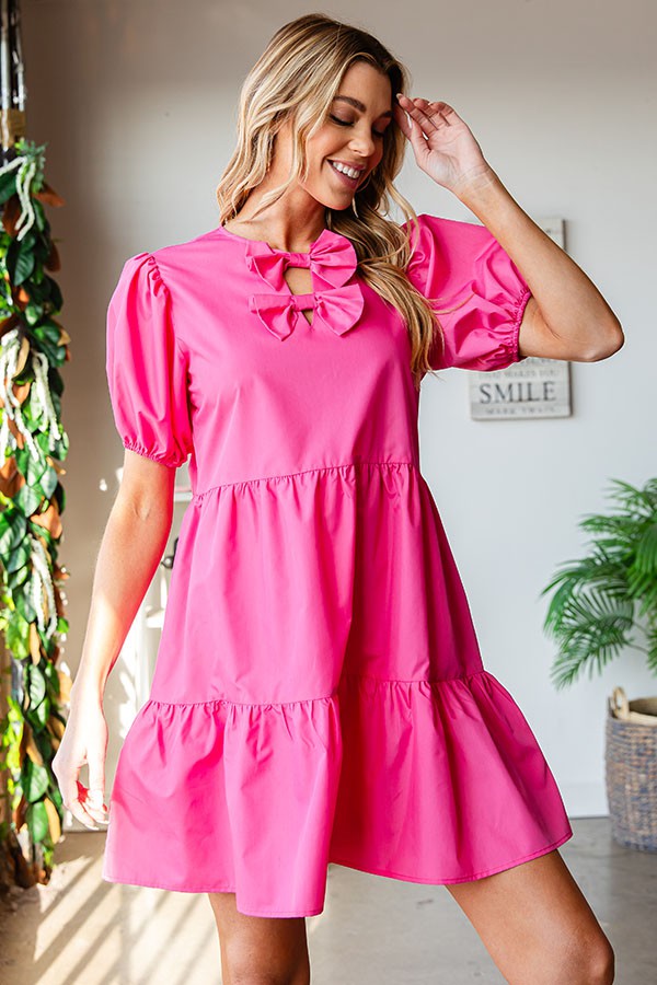 SALE Solid Color Ribbon Front Keyhole Poplin Dress