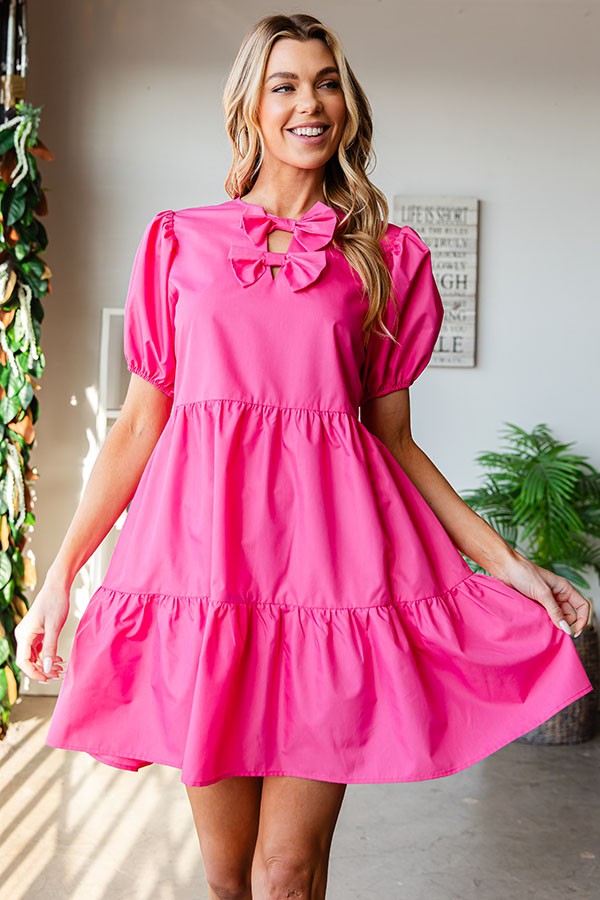 SALE Solid Color Ribbon Front Keyhole Poplin Dress