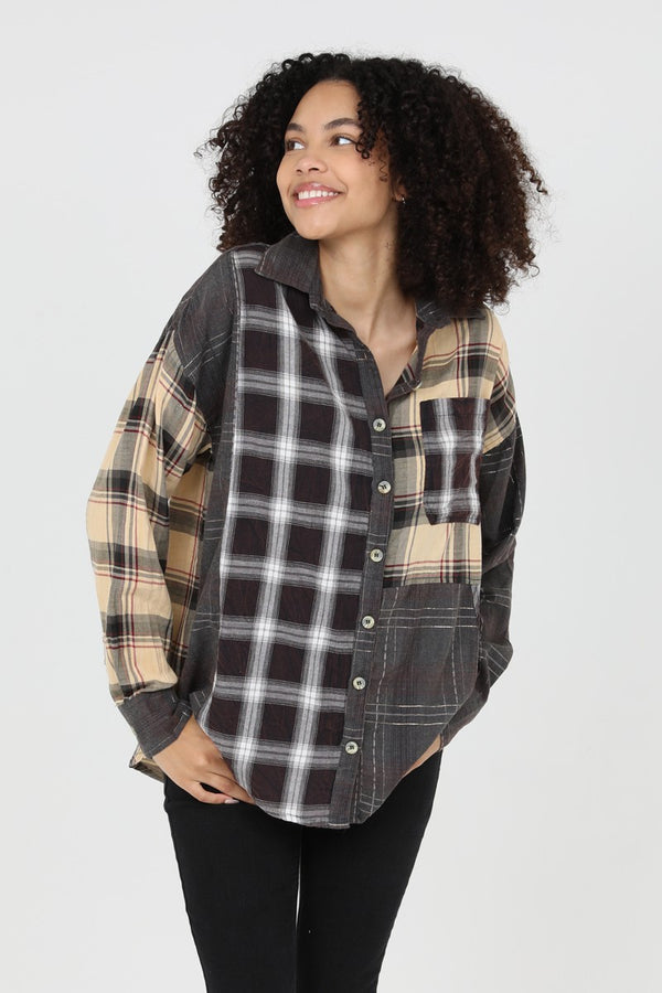 Angie Mixed Plaid Button Front Relaxed Fit Shirt
