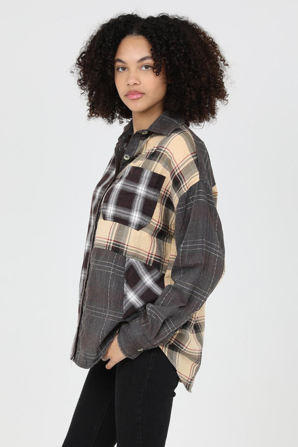 Angie Mixed Plaid Button Front Relaxed Fit Shirt