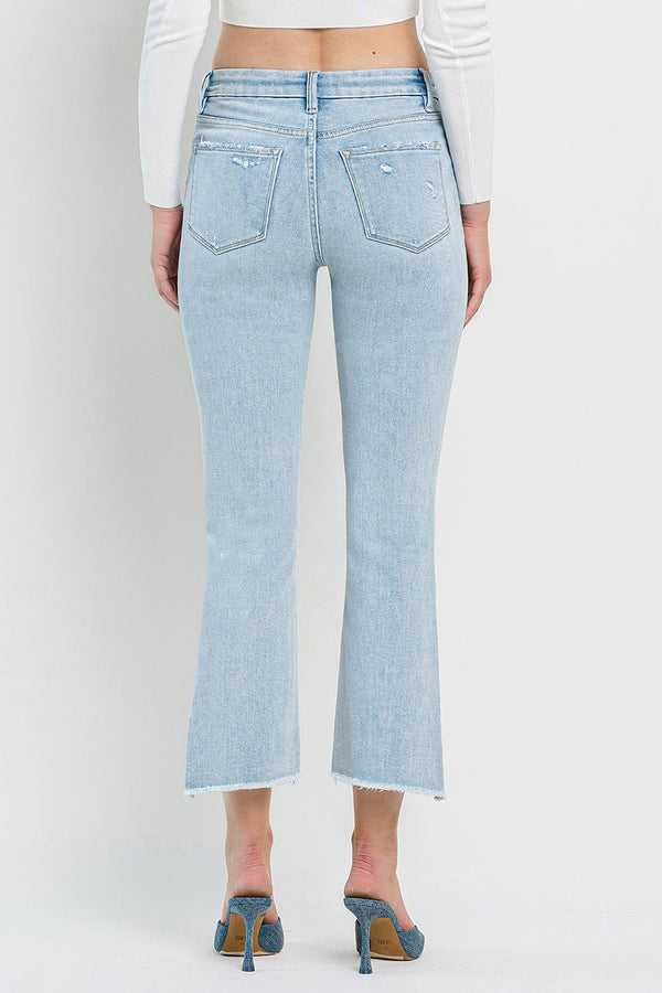 Flying Monkey High Rise Slant Raw Hem Crop Flare Jeans