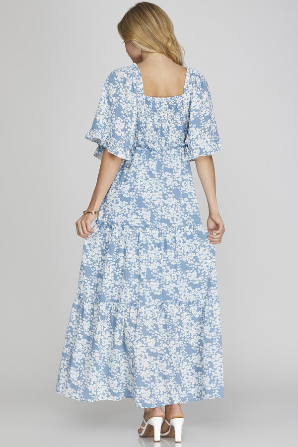 Flutter Sleeve Smocked Tiered Print V-neck Maxi Dress