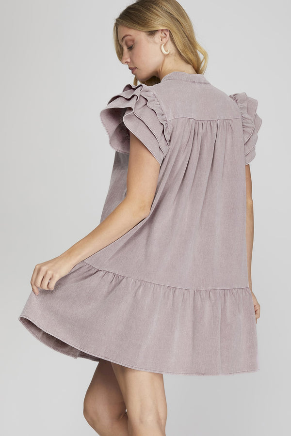 Ruffle Sleeve Side Pocket Wash V Neck Woven Dress