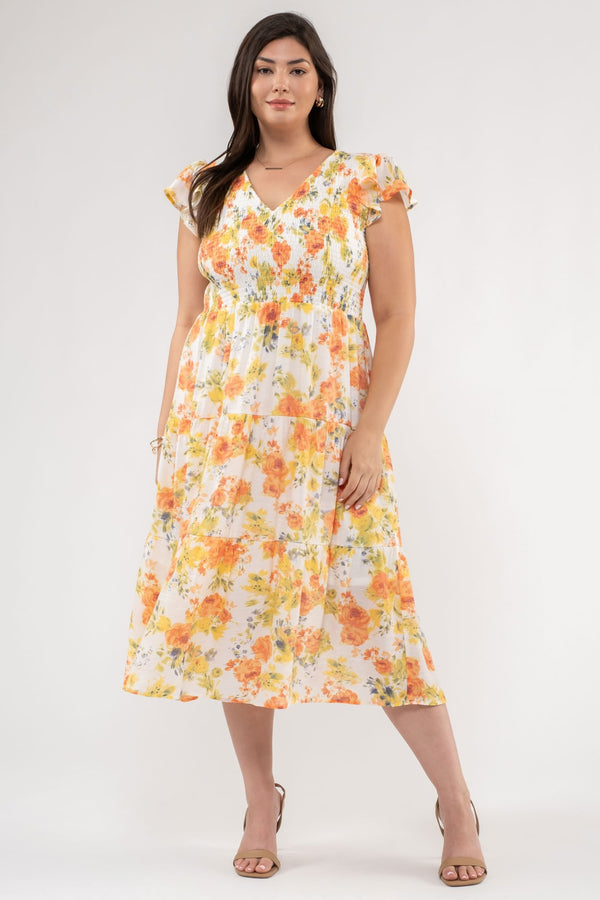Floral Flutter Sleeve Mini Dress - Curvy Size