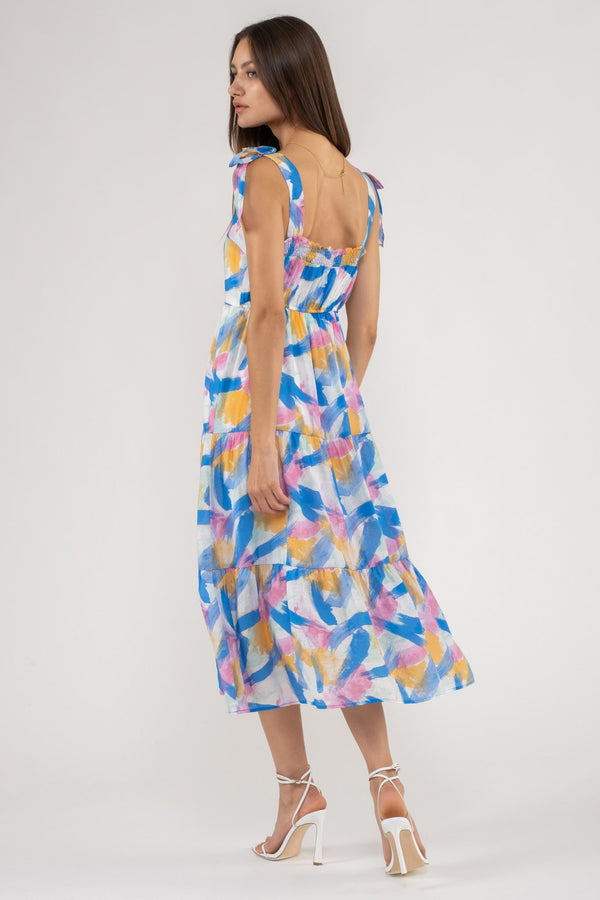 Brush Stroke Print Tiered Midi Dress