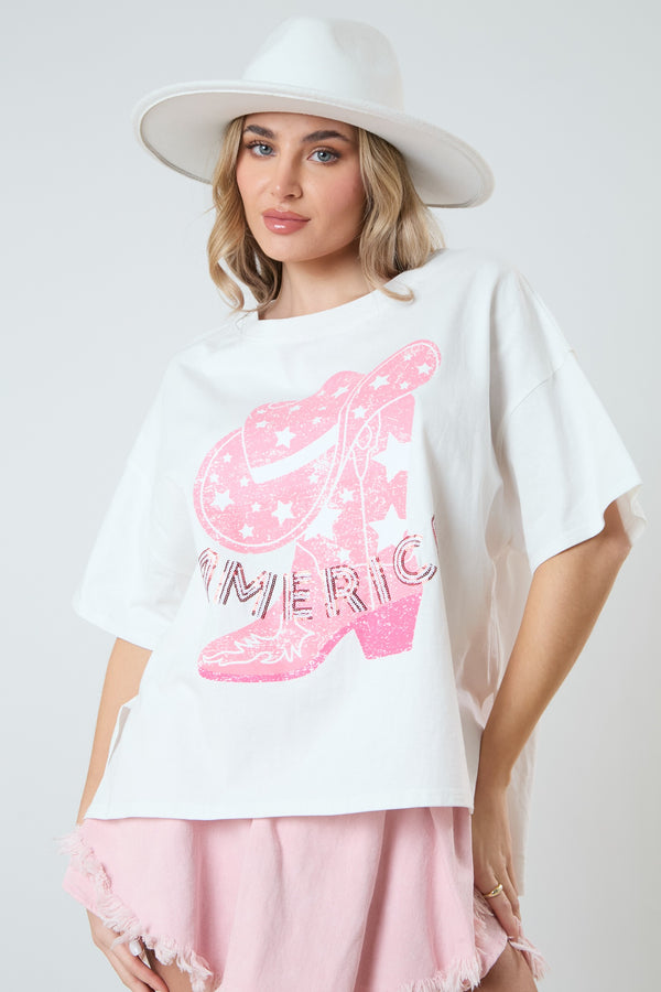 'America' Embroidery Western Boots Graphic Tee