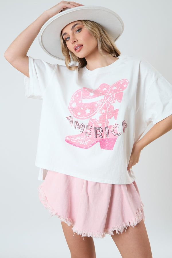 'America' Embroidery Western Boots Graphic Tee