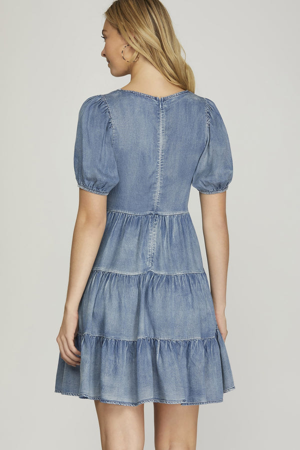 Puff Sleeve Square neck Tiered Chambray Wash Dress
