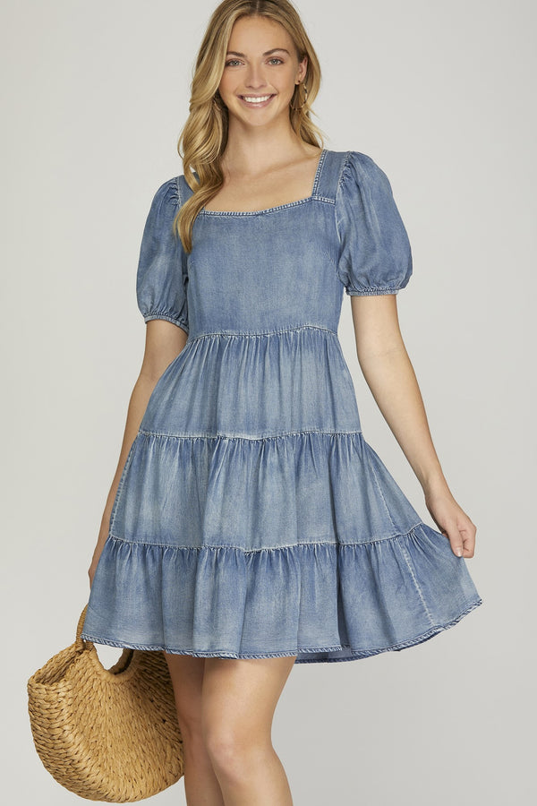 Puff Sleeve Square neck Tiered Chambray Wash Dress