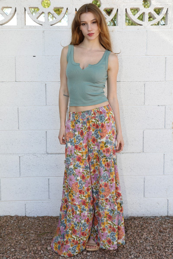 Angie Tiered Wide Leg Floral Printed Pants Smocked Waist