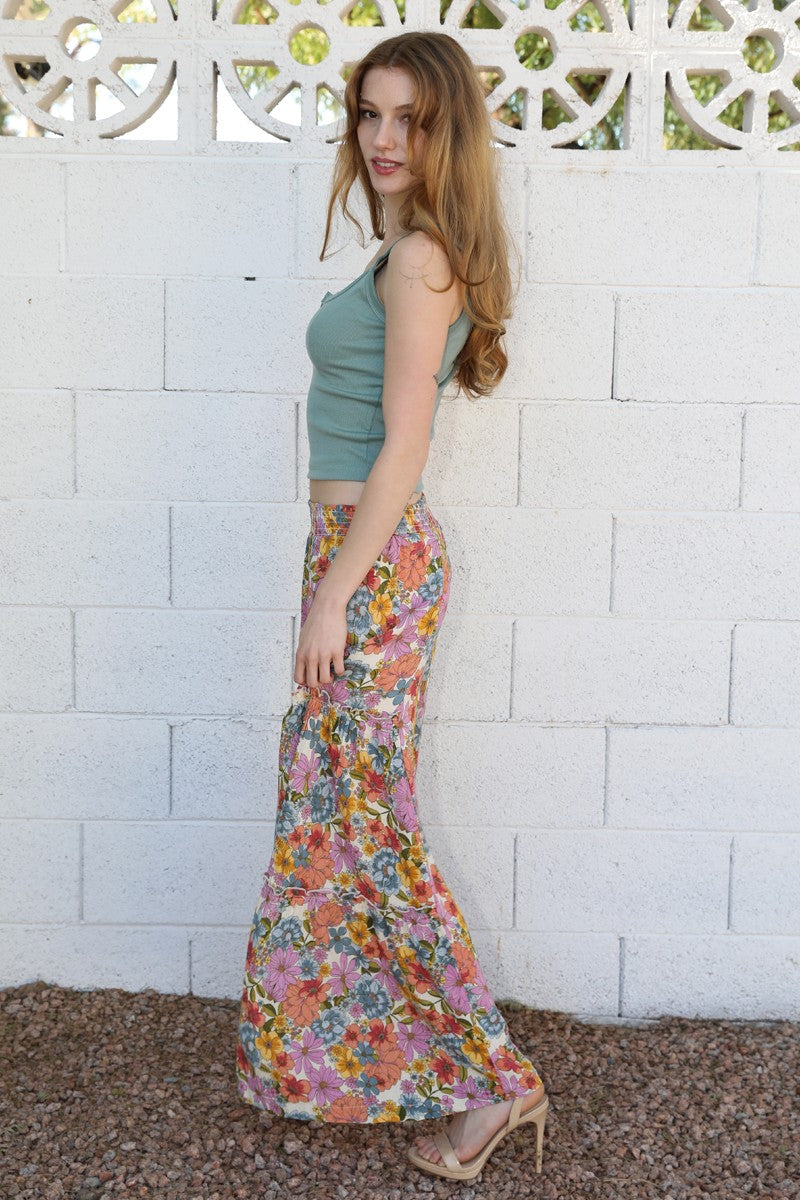 Angie Tiered Wide Leg Floral Printed Pants Smocked Waist