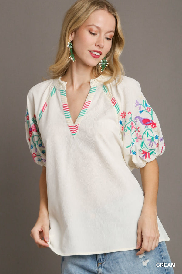 Split Smocked V-neck Top with Embroidery Detailed Sleeves