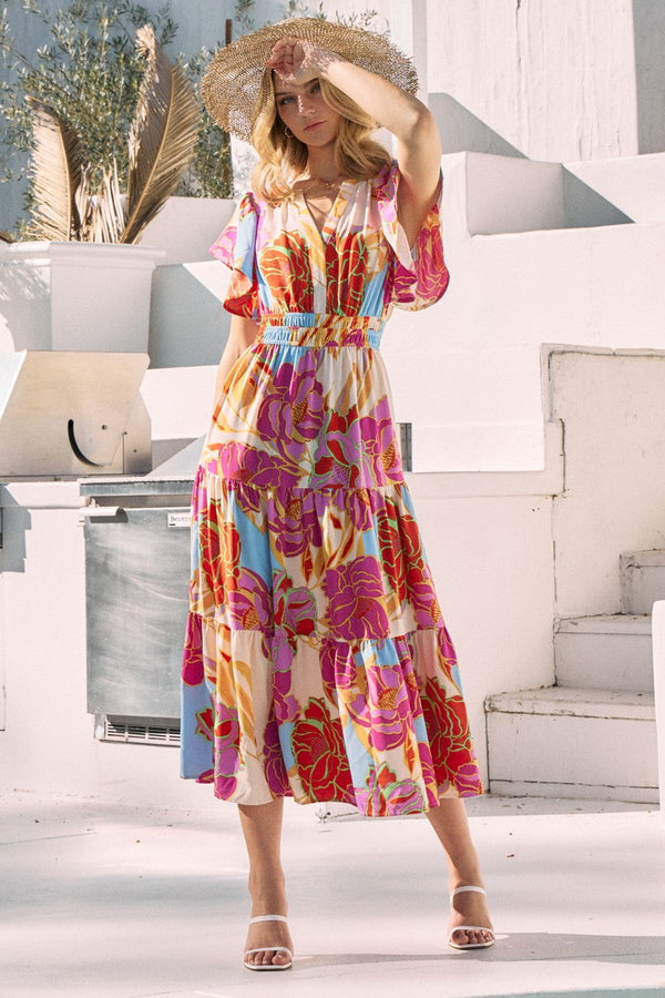 ODDI Floral Printed Tiered Midi Dress - Curvy Size