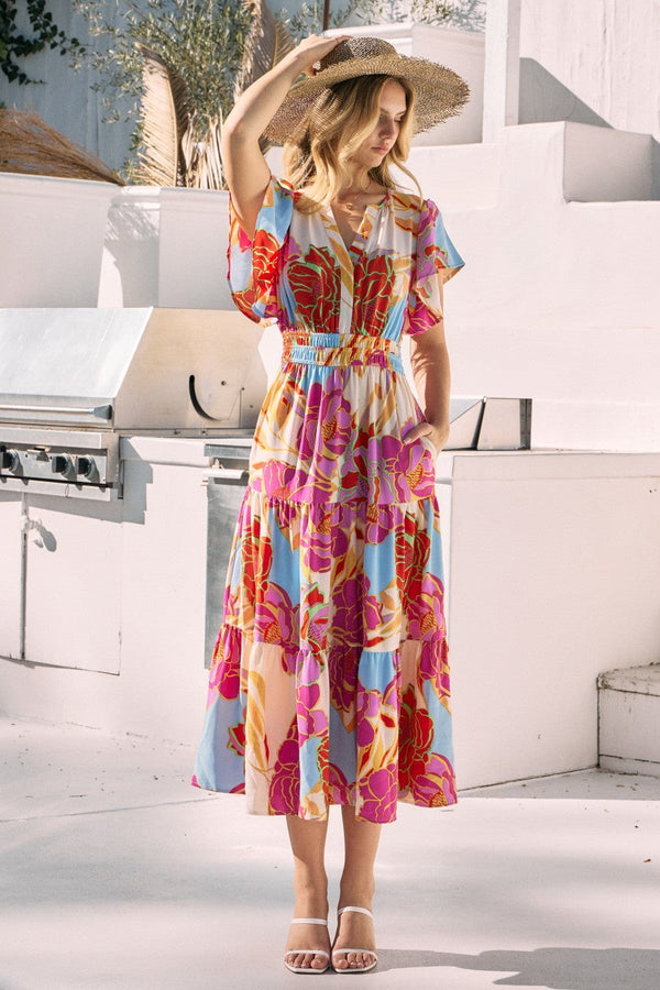 ODDI Floral Printed Tiered Midi Dress - Curvy Size