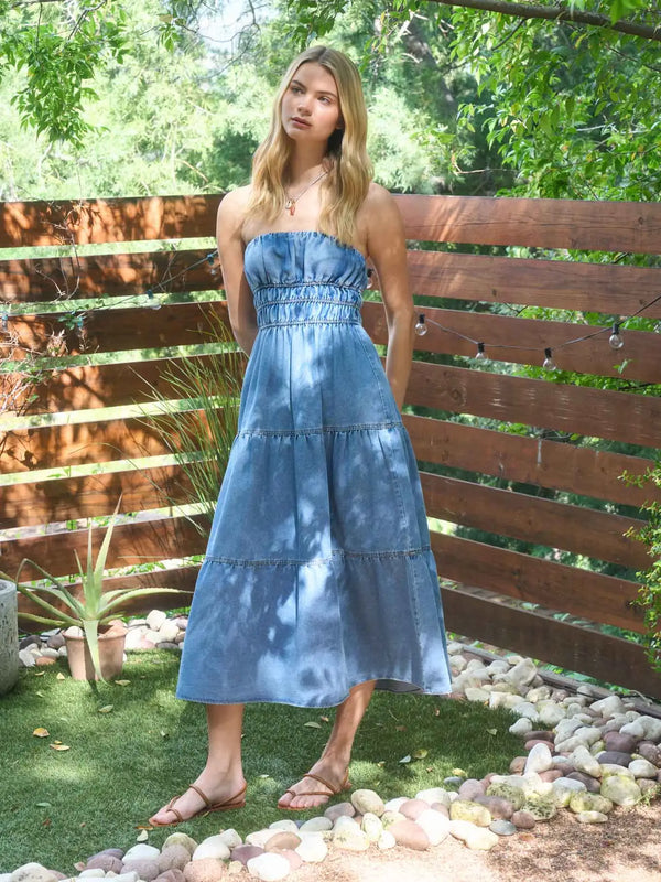 Strapless Shirred Tiered Denim Midi Sundress