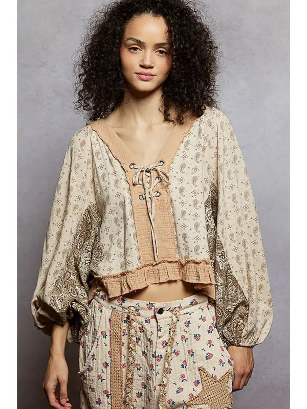 POL V Neck Balloon Sleeve Floral Ruffle Woven Printed Top - Blush & Cactus