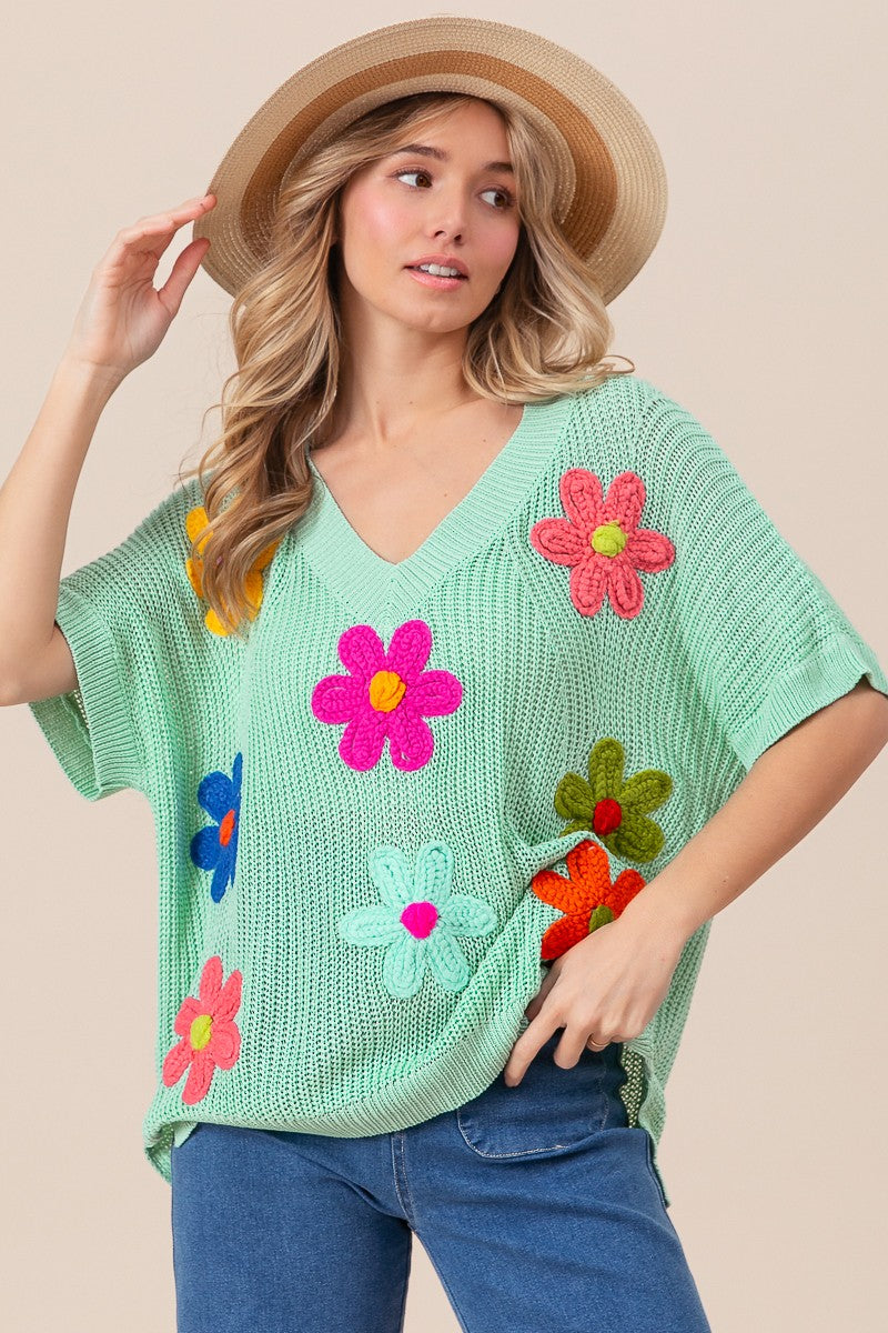 SALE BIBI Crochet Flower Patches Short Dolman Sleeve V-neck Sweater - Curvy Size