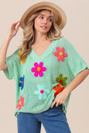 SALE BIBI Crochet Flower Patches Short Dolman Sleeve V-neck Sweater - Curvy Size