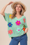 SALE BIBI Crochet Flower Patches Short Dolman Sleeve V-neck Sweater - Curvy Size