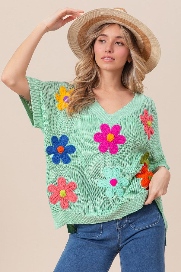 SALE BIBI Crochet Flower Patches Short Dolman Sleeve V-neck Sweater - Curvy Size