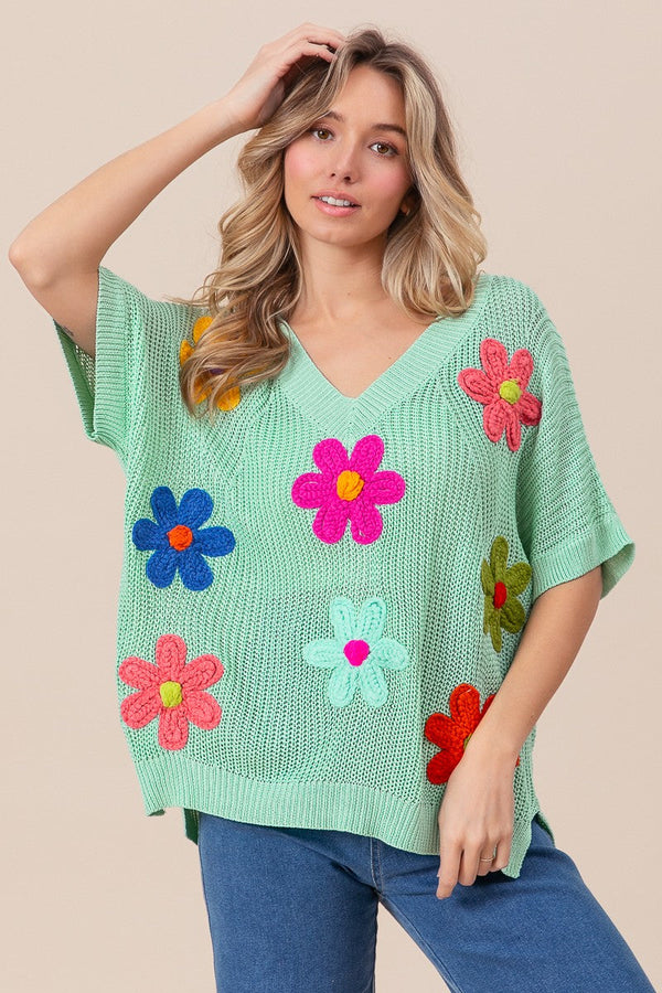 SALE BIBI Crochet Flower Patches Short Dolman Sleeve V-neck Sweater - Curvy Size