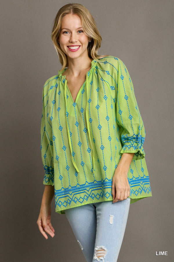 Umgee Boxy Cut Embroidery Top Ruffle Neckline Front