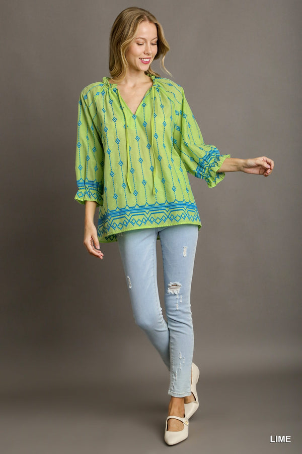Umgee Boxy Cut Embroidery Top Ruffle Neckline Front