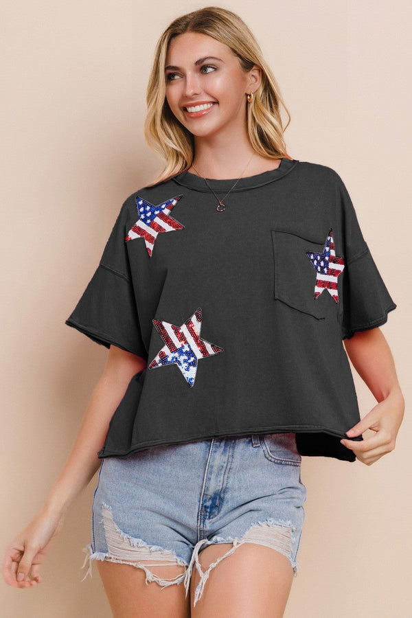ODDI Flag Star Sequin Patch Top - Curvy Size