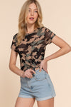 Knotted Camo Print Mesh Short Slv Top