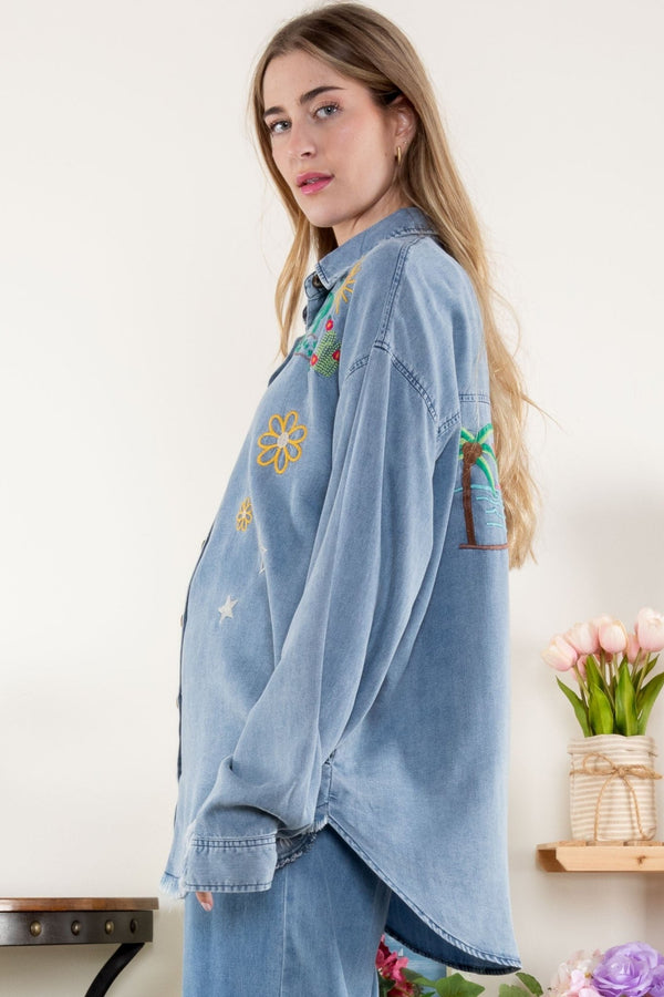 Blue Velvet Front Button down Top w/embroidery Detail - Blush & Cactus