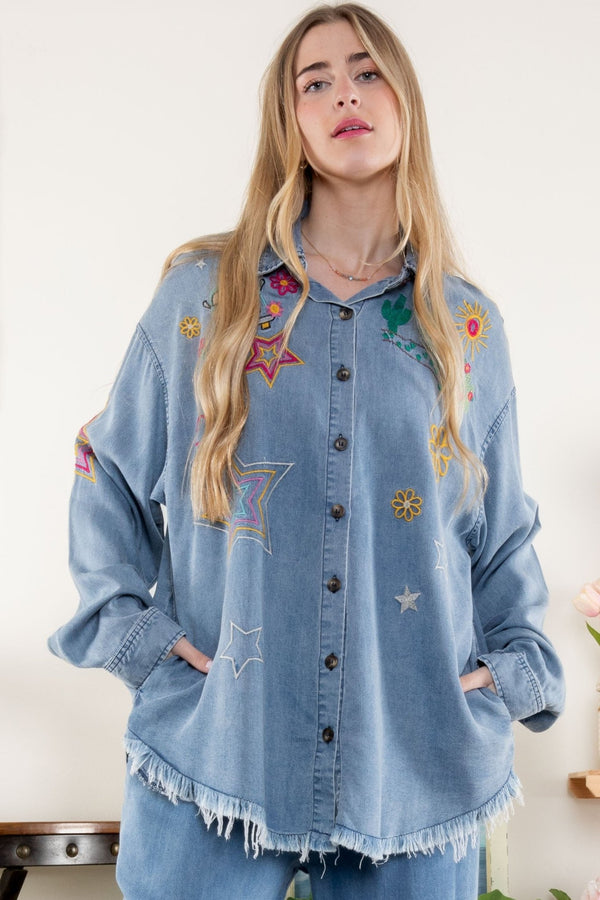 Blue Velvet Front Button down Top w/embroidery Detail - Blush & Cactus