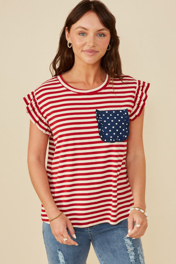 Womens Star Pocket Striped Knit Ruffled Knit Tank - Curvy Size