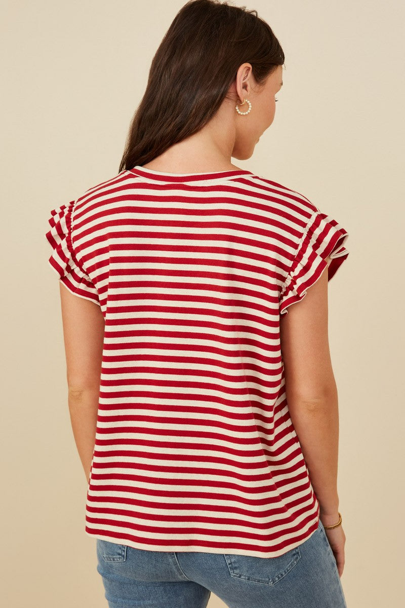 Womens Star Pocket Striped Knit Ruffled Knit Tank - Curvy Size