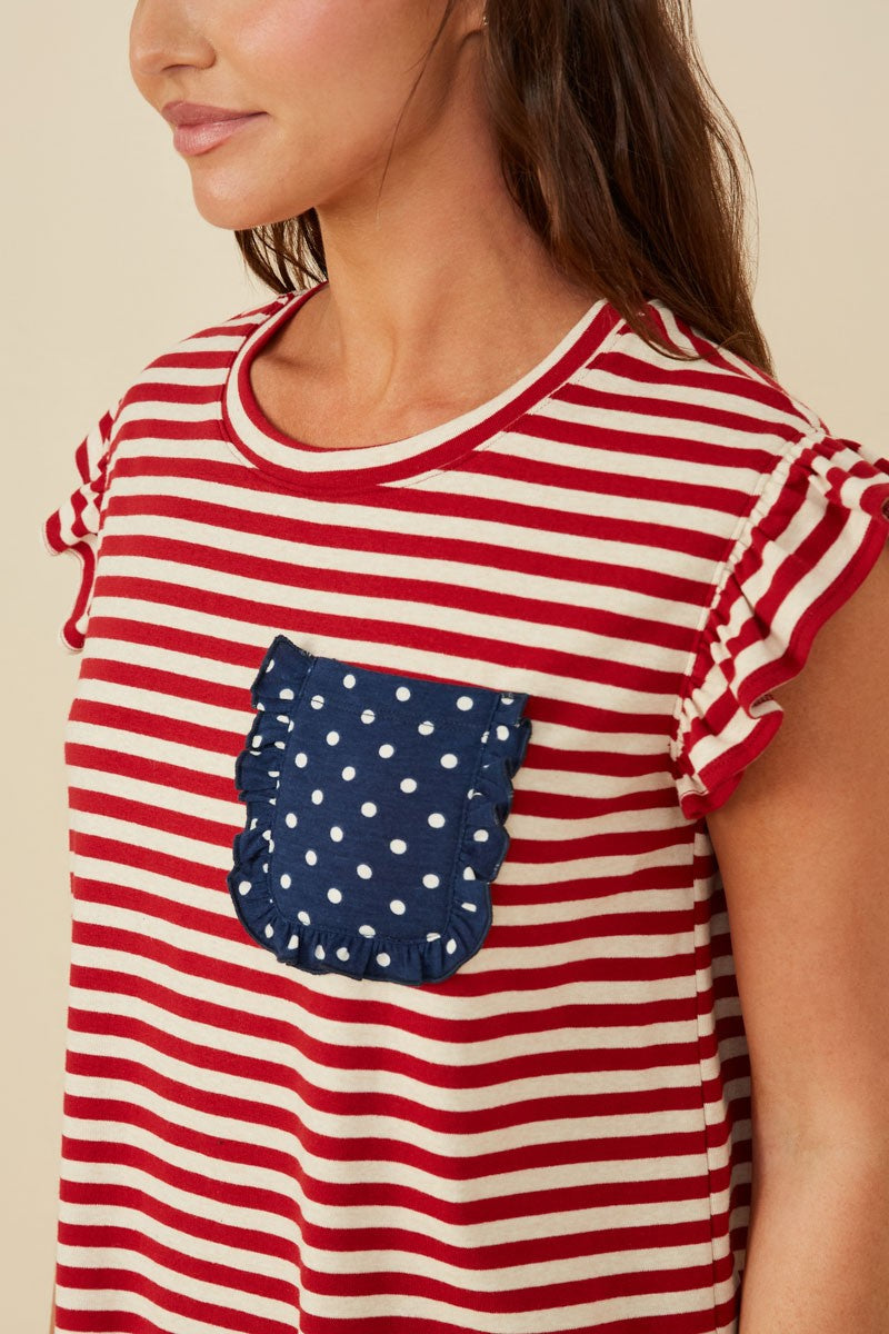 Womens Star Pocket Striped Knit Ruffled Knit Tank - Curvy Size