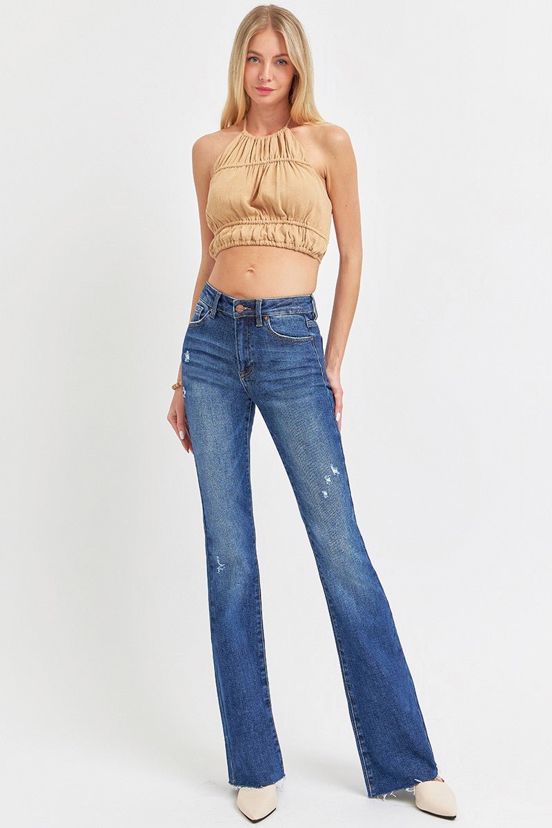 Risen Mid Rise Flare Small Distressed Long Jeans - Blush & Cactus