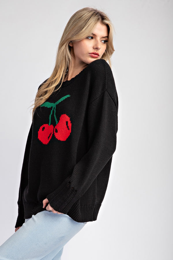 eesome Cherry Print Long Sleeve Sweater
