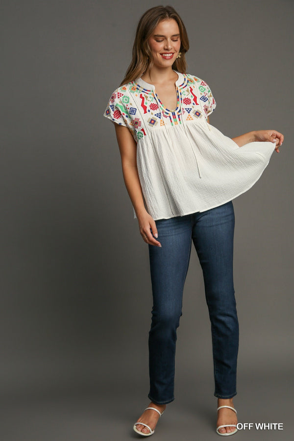 SALE Umgee Aztec Embroidery Front Tie Top