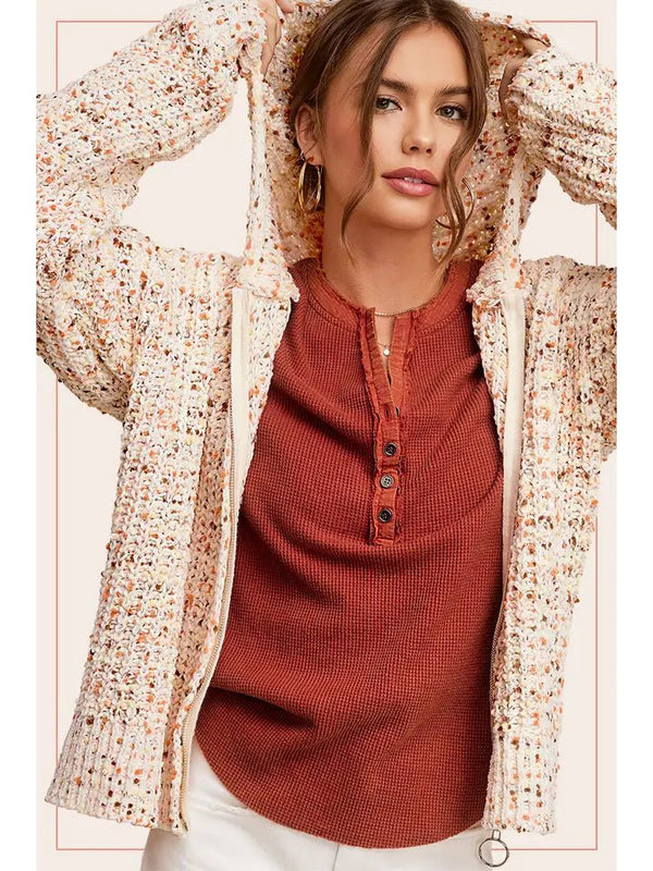 Multi Color Confetti Zip - Up Hoodie Sweater - Blush & Cactus