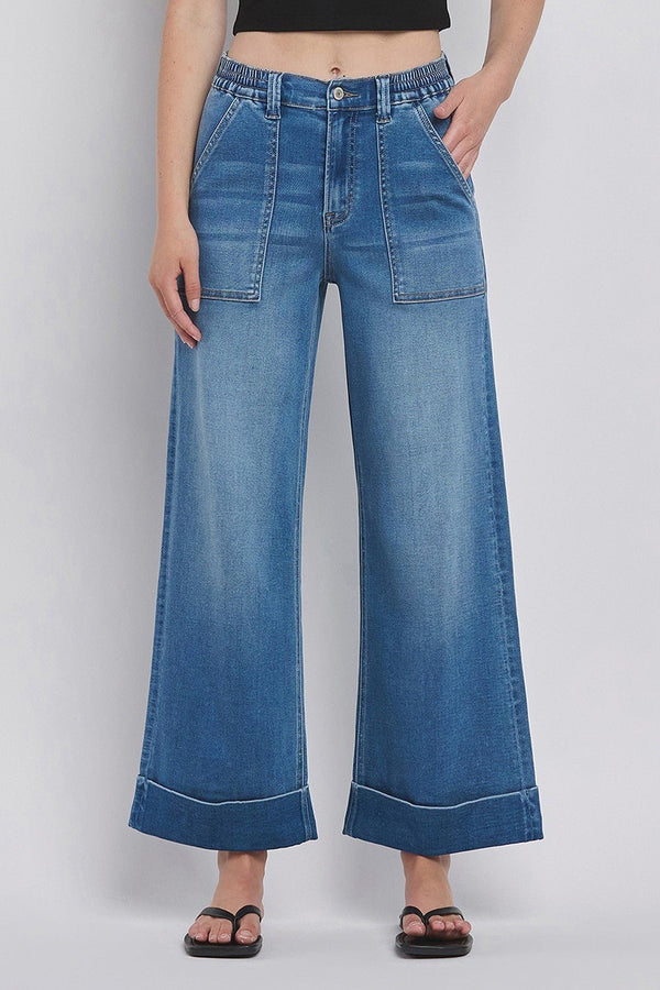 Vervet High Rise Double Cuffed Baggy Wide Jeans - Blush & Cactus