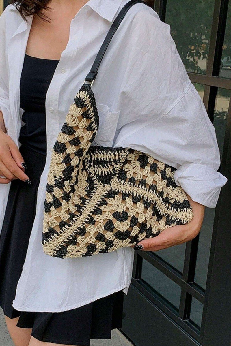 Vintage Woven Straw Crochet Bucket Shoulder Bag - Blush & Cactus